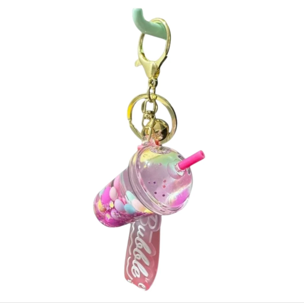 Pink Pearl Bubble Milk Tea‎ Keychain with Gold Accents Boba Drink Purse Charm